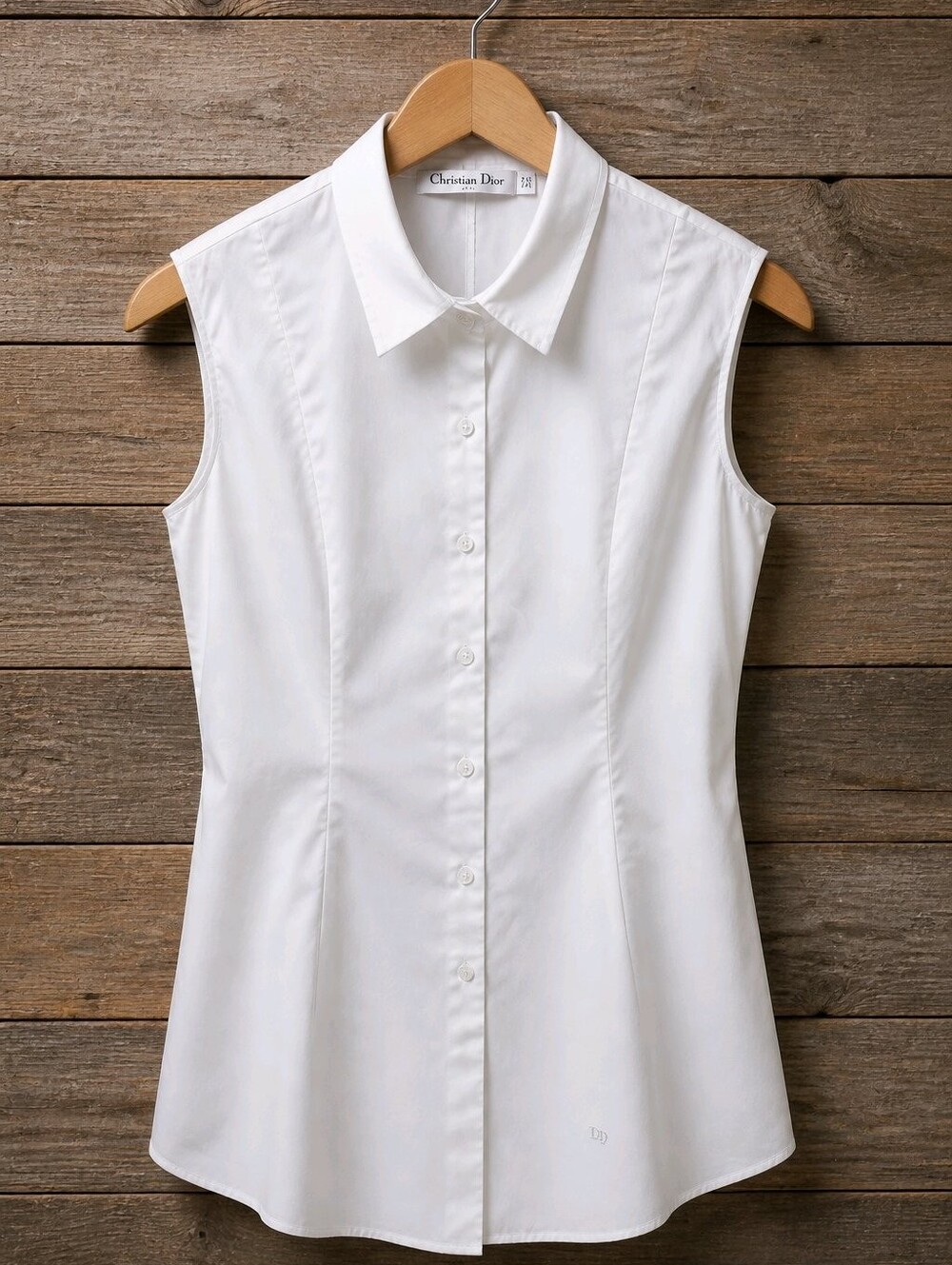 Dior White Sleeveless Button-Down Long Peplum Blouse Sz 10